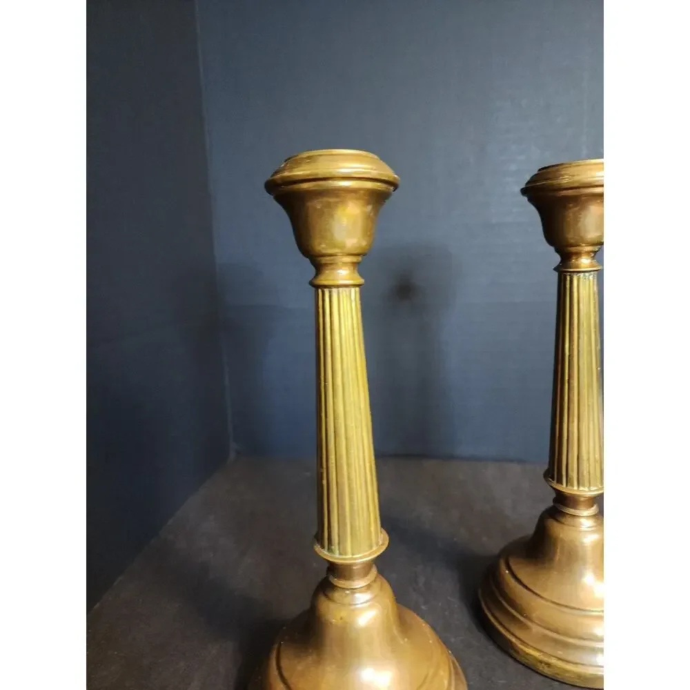Pair of Antique Brass Candlesticks, Copper Weighted, Column Fluted 8.5